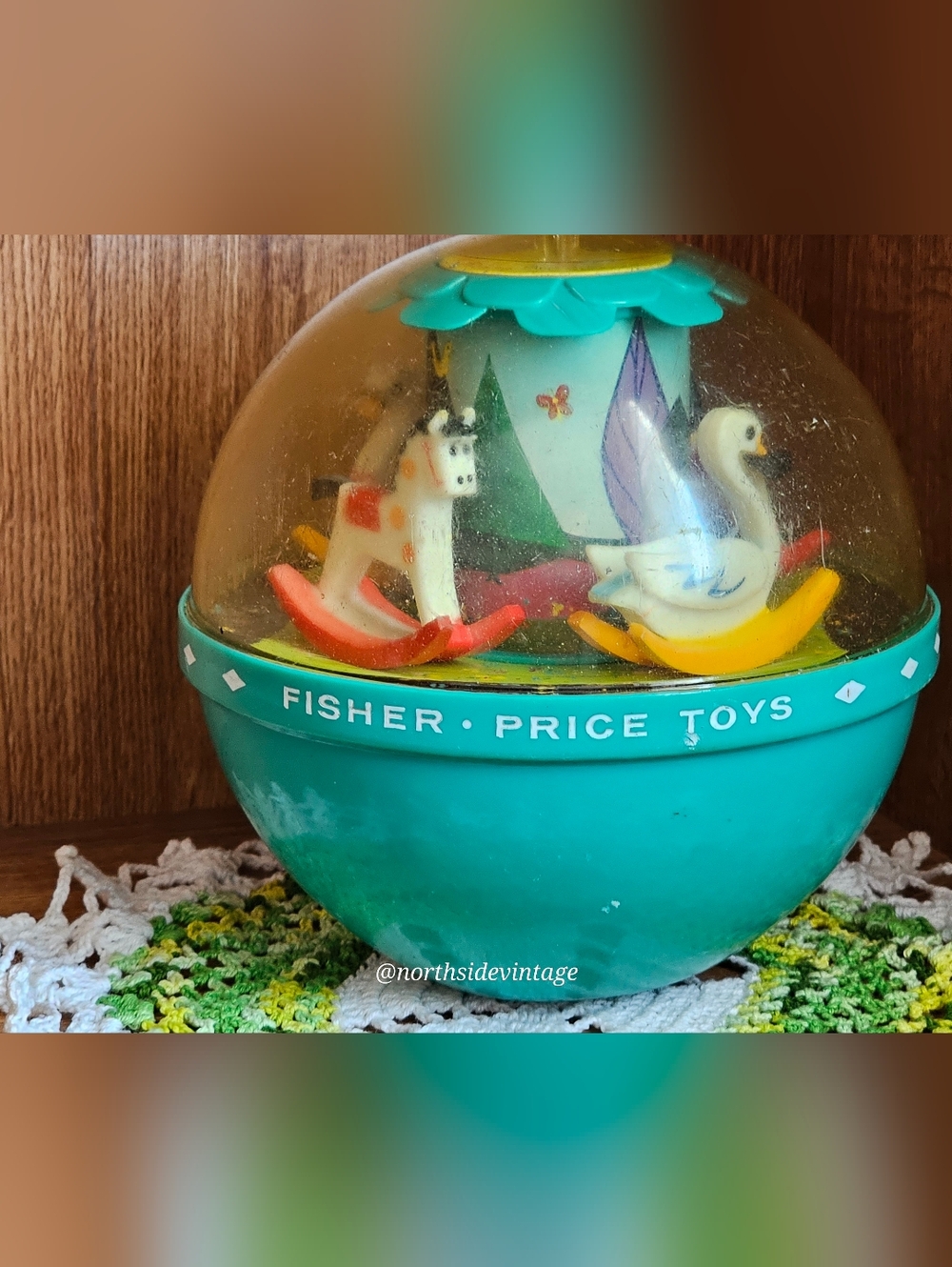 Fisher-Price Teal Spinning Musical Roly Poly Chime Ball 1960s